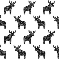 Black and white Christmas pattern with reindeer. Simple seamless Happy New Year background. Winter holidays vector design for textile, wallpaper, web, wrapping paper, fabric, decor etc.