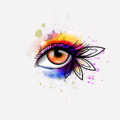 Woman eye made colorful splashes. Creative makeup concept