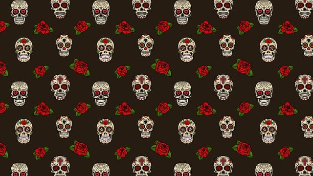 Animation of abstract seamless pattern with sugar skulls