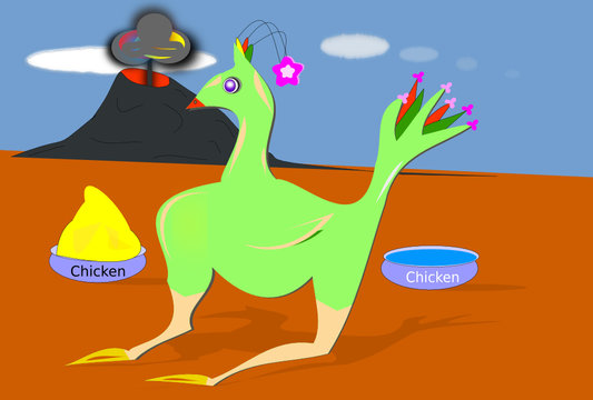 Pollo de engorde jur&aacute;sico con su comedero y bebedero mientras un volc&aacute;n entra en erupci&oacute;n y cuyas ascuas quiz&aacute; sirvan para asarlo.