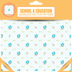 Vector package of seamless pattern of items for education on the checkered background.