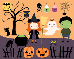 Cute Vector Halloween Kids, Cats and a Ghost