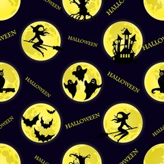 Vector seamless pattern for Halloween. Witch, ghost, bat, moon,