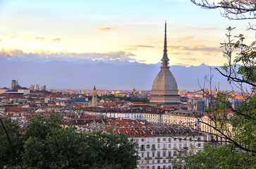 Fototapeta na wymiar Sunset over the Turin city center with Mole Antonelliana, Turin,Italy,Europe