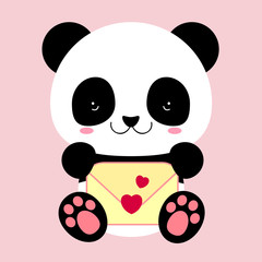 Cute Panda holds the envelope. Love and friendship. Heart. Congratulation with St. Valentine day. The animal in flat style. Funny sticker.