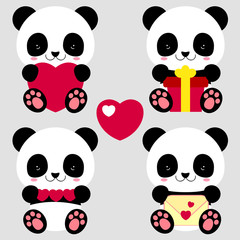 Icons of animals. Cute panda with heart, gift and envelope. The card for Valentine's Day. Congratulation. Love, friendship. Stickers. Children' character.