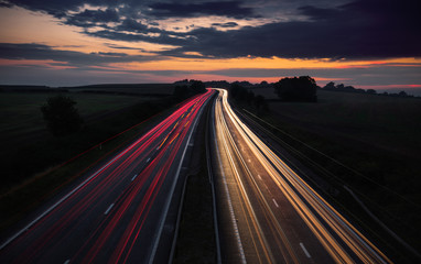 Long Trails of Car Lights at Busy Motorway at Night