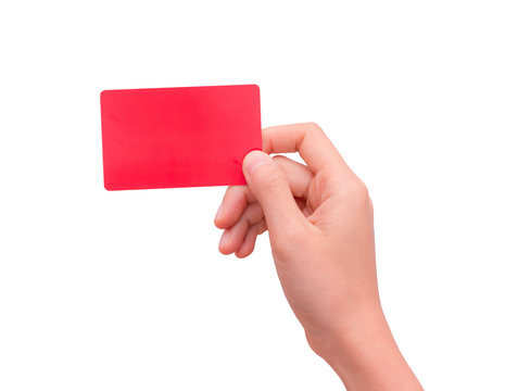 Hand holding blank business card isolated on white background. This picture has clipping path for easy to use.