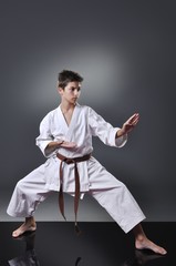 Handsome young male karate doing kata on the gray background