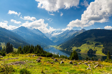 Fototapeta na wymiar Amazing summer morning on the fantastic Speicher Durlassboden lake. Alps, Austria, Europe.