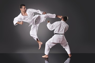Two handsome young male karate fighting on the gray background