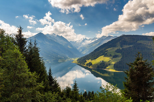 Summer sunny scene in the valley of Speicher Durlassboden lake in the Austrian Alps. View from Gerlos pass, Austria, Europe.