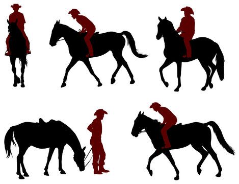 cowboy riding a horse silhouettes - vector