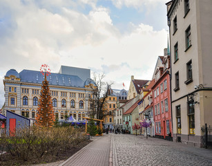 People at Christmas market on Livu square in Riga