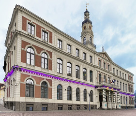 Fototapeta na wymiar Riga City Council on Town Hall square in Christmas Riga