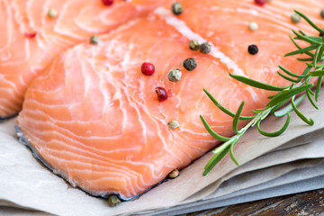 Detail of Raw Salmon Fish Fillet with Spices and Fresh Herbs Ready for Cooking