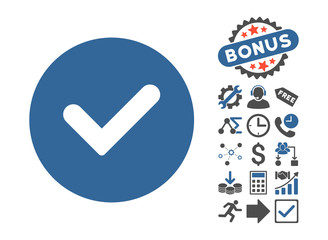 Yes icon with bonus pictogram. Vector illustration style is flat iconic bicolor symbols, cobalt and gray colors, white background. - obrazy, fototapety, plakaty