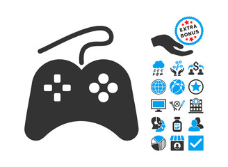Gamepad icon with bonus pictograph collection. Vector illustration style is flat iconic bicolor symbols, blue and gray colors, white background. © Aha-Soft