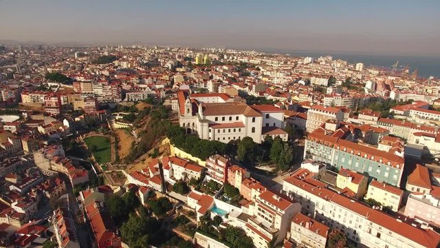 Panoramic view Graca and Castle of Sao Jorge Lisbon aerial