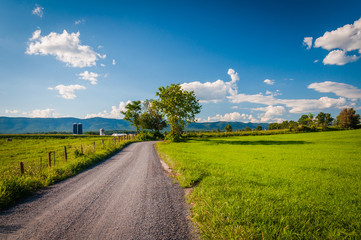 Fototapeta na wymiar Dirt road and farm fields in the rural Shenandoah Valley of Virg