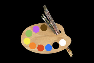 Paint brushes,  colors and artist palette,  isolated on black background.