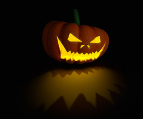 3d render pumpkin lamp on black surface with light and shadow details.
