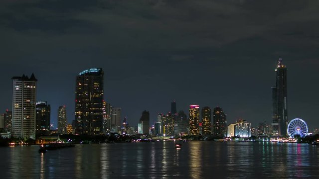 4K Timelapse Chaopraya river view, Bangkok, Thailand. Night scene.
