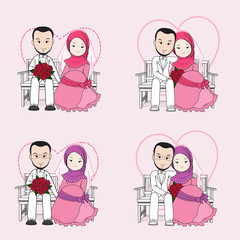 Muslim wedding couple vector cartoon, bride and groom sitting on chair