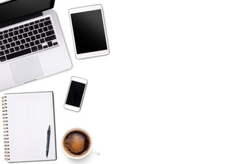 Top view laptop computer or notebook,mobile phone and cup of lat