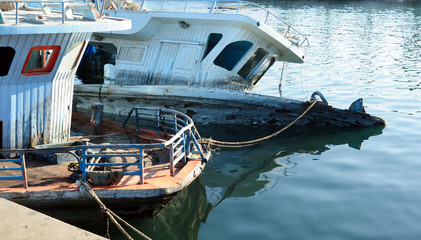 Fototapeta na wymiar broken sunken pleasure boat in the water, used toning of the photo