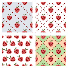 Set of seamless vector patterns with fruits. Different backgrounds with decorative strawberries. Graphic vector illustration Series of Fruits and Vegetables Seamless vector Patterns.