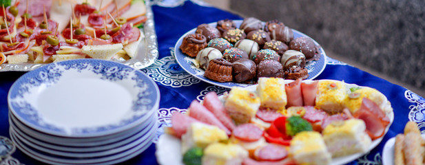 well decorated catering banquet table, catering food