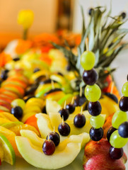 Different fresh fruits on wedding buffet table