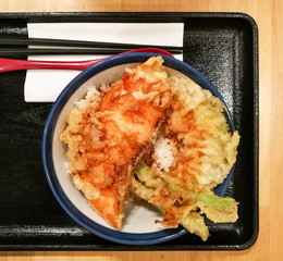 Top View Fried Salmon, Lentils and Sliced Pumpkin Tendon Japanes