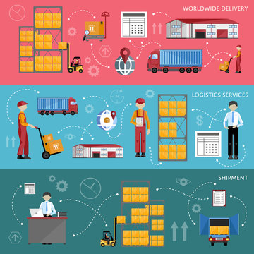 Logistic and warehouse infographics. Worldwide delivery process. Shipment on warehouse. Distribution goods and shipment of goods in container. Logistic service process flat vector illustration