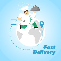 Chef in white uniform running with restaurant cloche on background of globe. Fast food delivery design, vector illustration. Worldwide shipping and moving concept. Courier service.