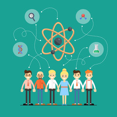Social network and teamwork banner with group of people holding hands, vector illustration on green background. People communication concept. Mind map team. Global scientific research and development.