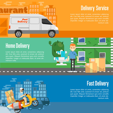 Delivery boy on scooter with cardboard boxes, postman with parcels near house, white delivery truck on cityscape. Food and home delivery service horizontal banners, vector illustration