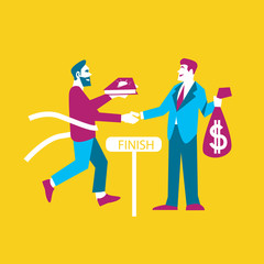 Businessman exchanging his ideas to money, isolated vector illustration. From idea to realization and success concept on yellow background. Investing in innovation, modern technology. Teamwork design