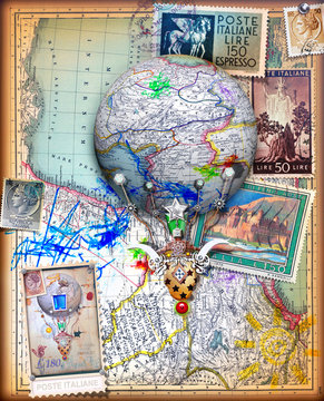 Voli e viaggi fantastici,avventure con mongolfiera,collage con vecchie mappe e francobolli vintage