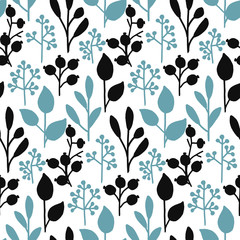 seamless vector hand drawn leaf and berry pattern design in black and blue colors
