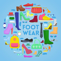 Footwear and Accessories Vector Icons Set with Boots and Shoes