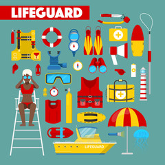 Profession Lifeguard Water Rescue with Safety Vector Icons