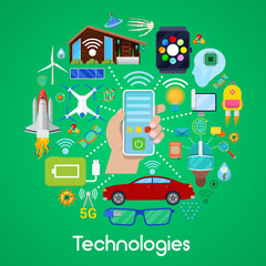 Modern Technologies Vector Icons Set with Smart House and Quadrocopter