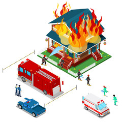 Fototapeta premium Firefighters Extinguish a Fire in House Isometric City. Fireman Helps Injured Woman. Vector 3d Flat illustration