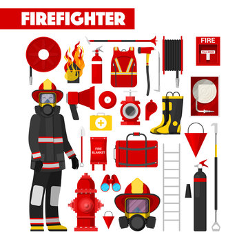 Profession Firefighter Vector Icons Set with Firefighters Equipment