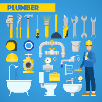 Plumber Worker with Tools Set and Bathroom Elements. Vector Icons