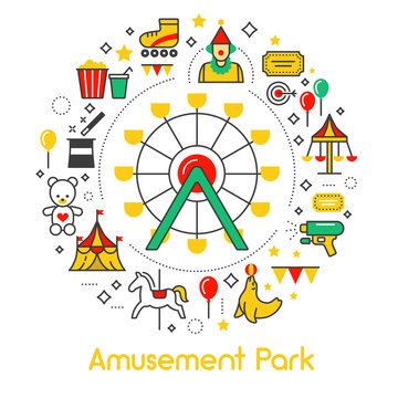 Amusement Park Line Art Thin Vector Icons Set with Ferris Wheel