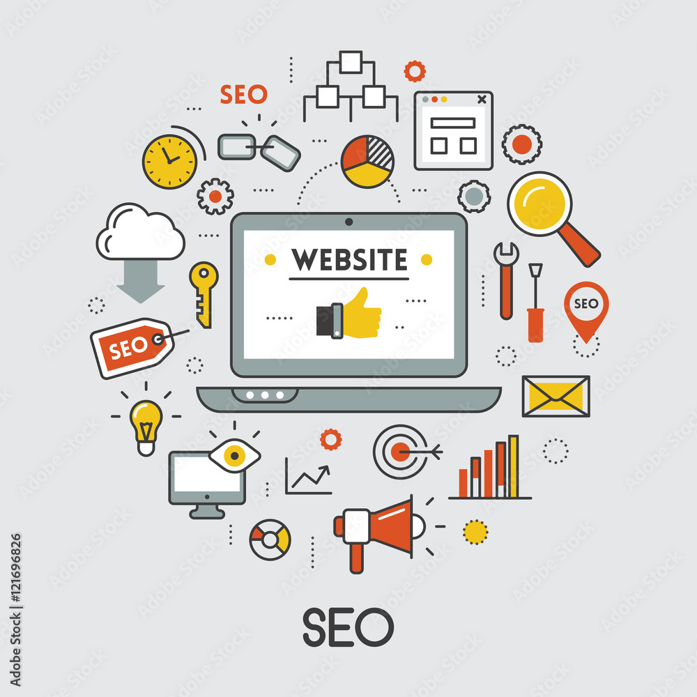 Poster seo and development thin line vector icons with laptop and web tools