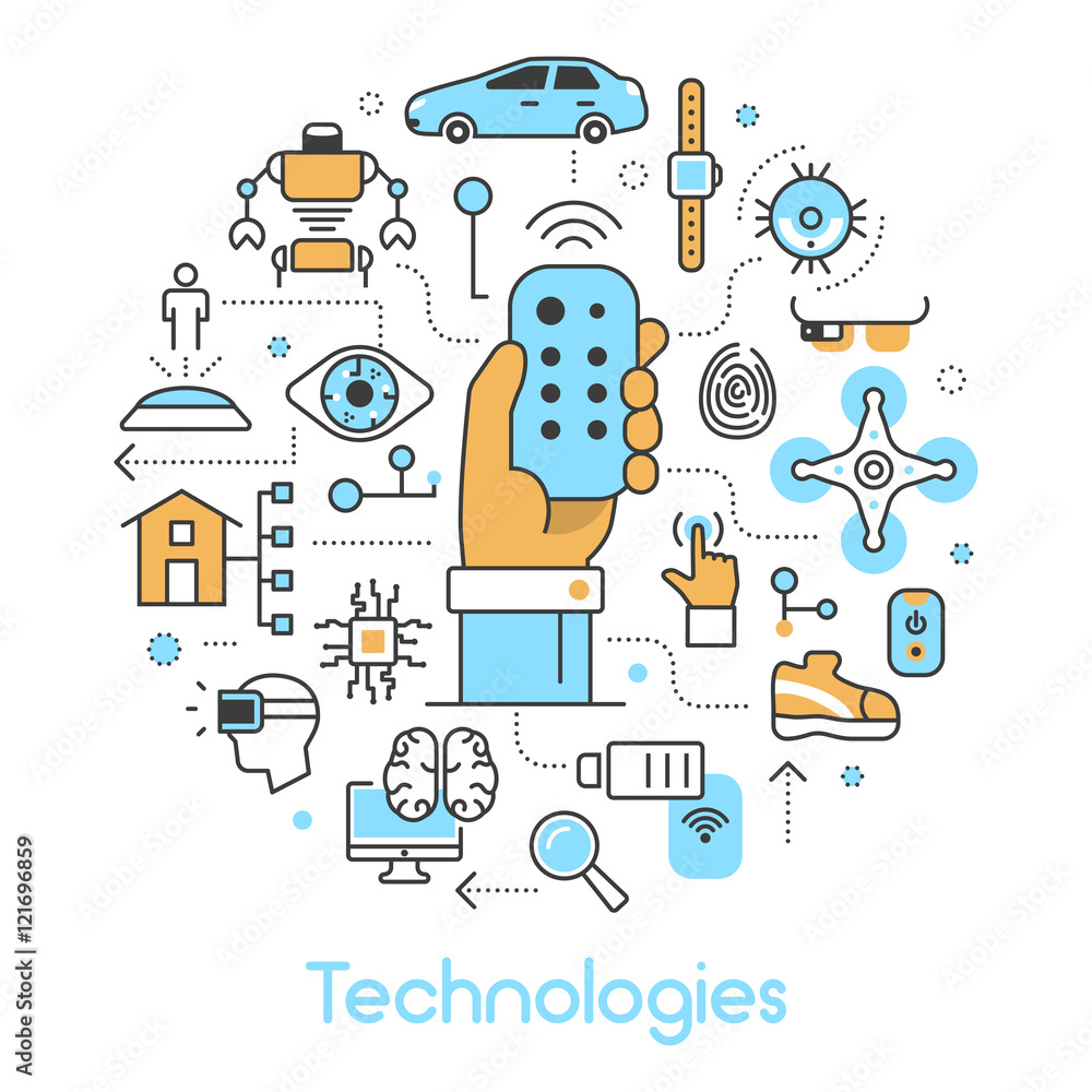 Poster modern technologies line art thin vector icons set with smart house and quadrocopter